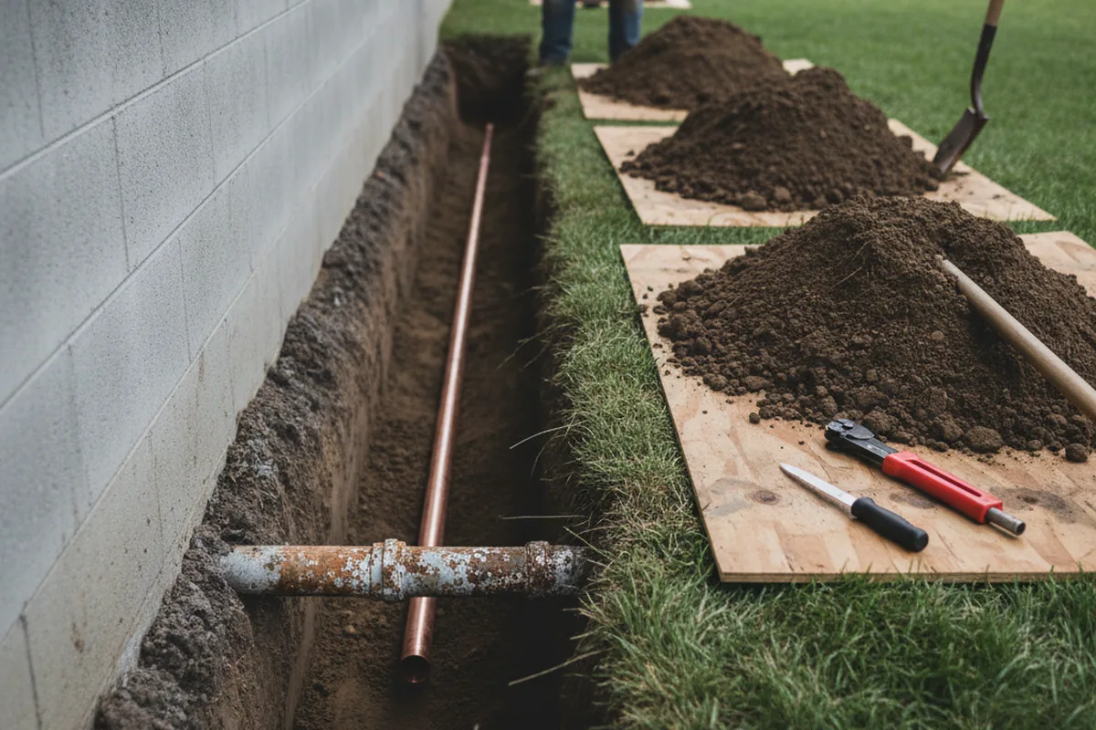 Excavated water line trench during Sewer Line Repair in Lublin